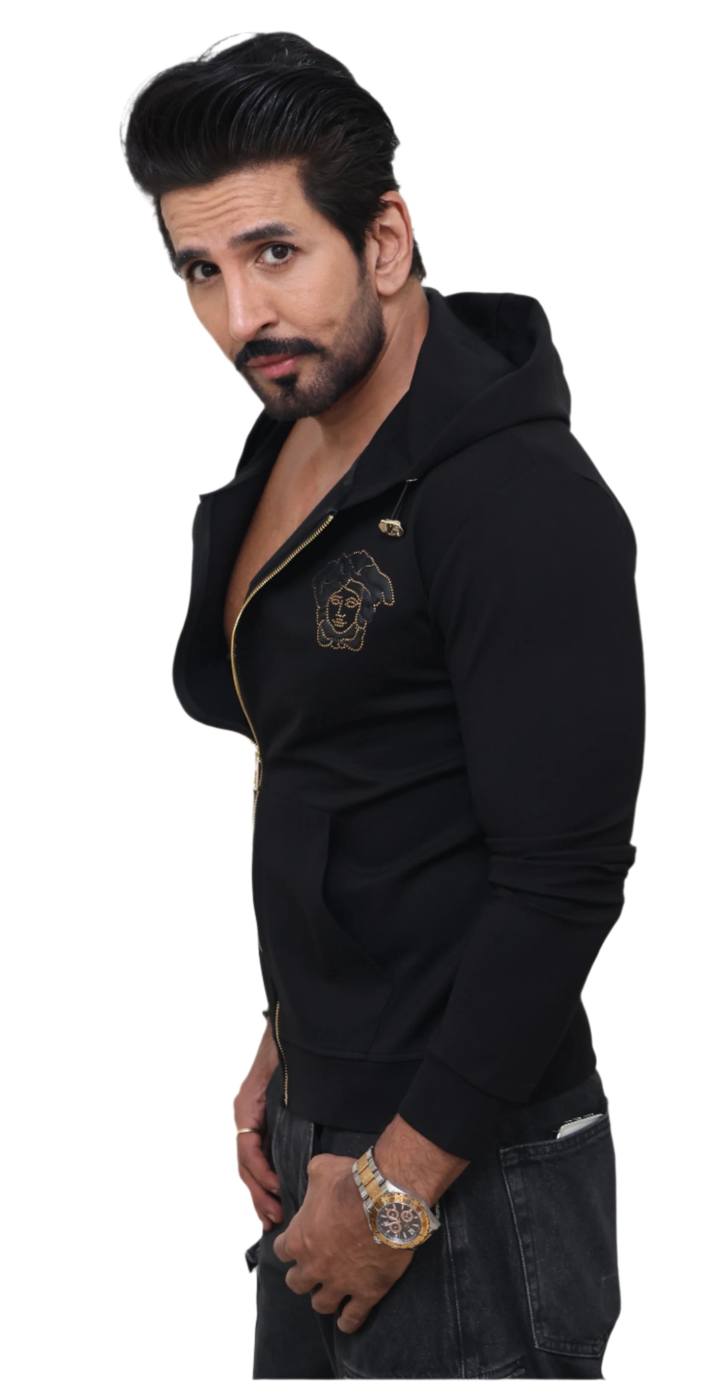 BLACK COMFY COTTON JACKET : GOLD CHAINS