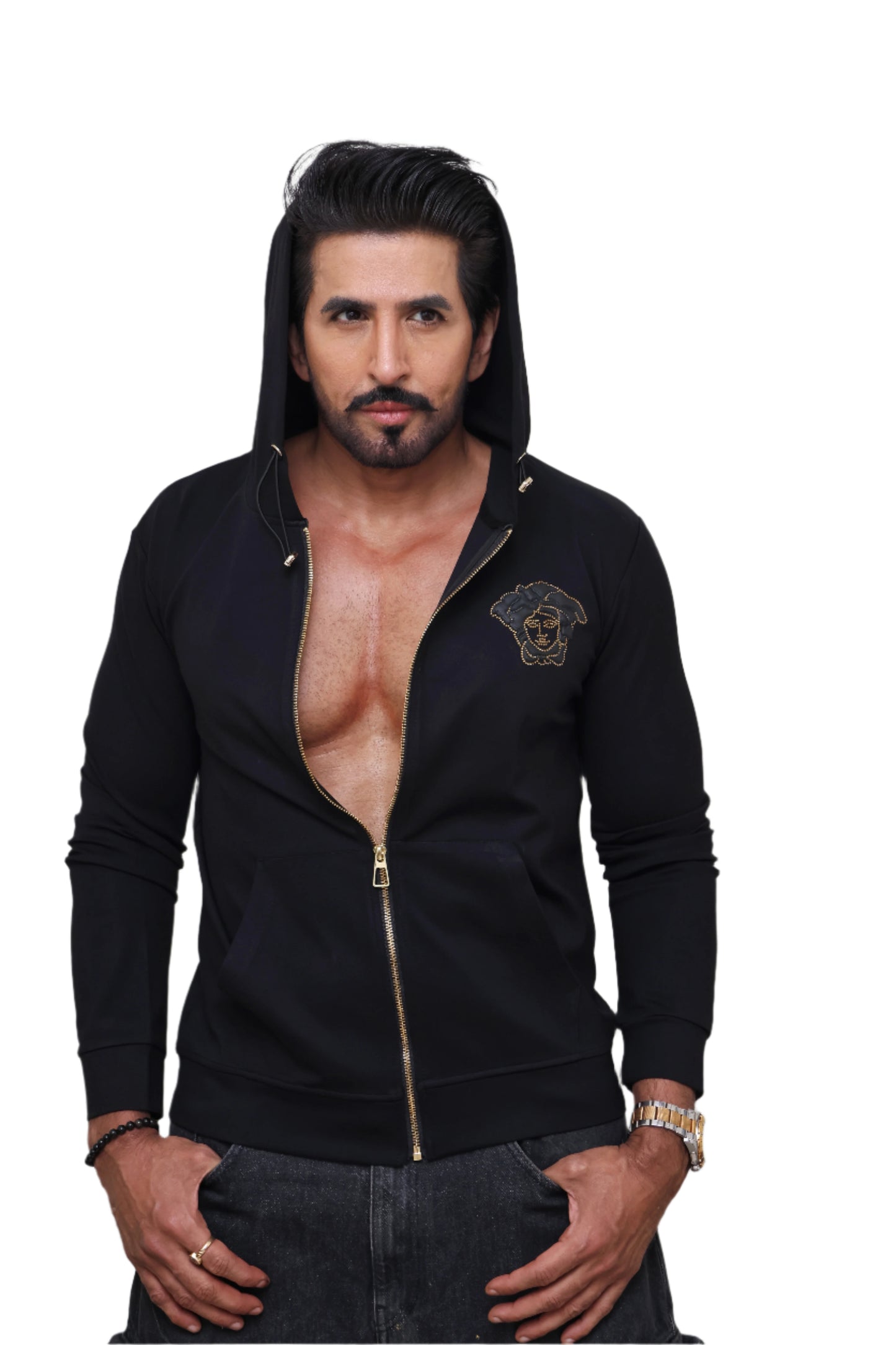 BLACK COMFY COTTON JACKET : GOLD CHAINS