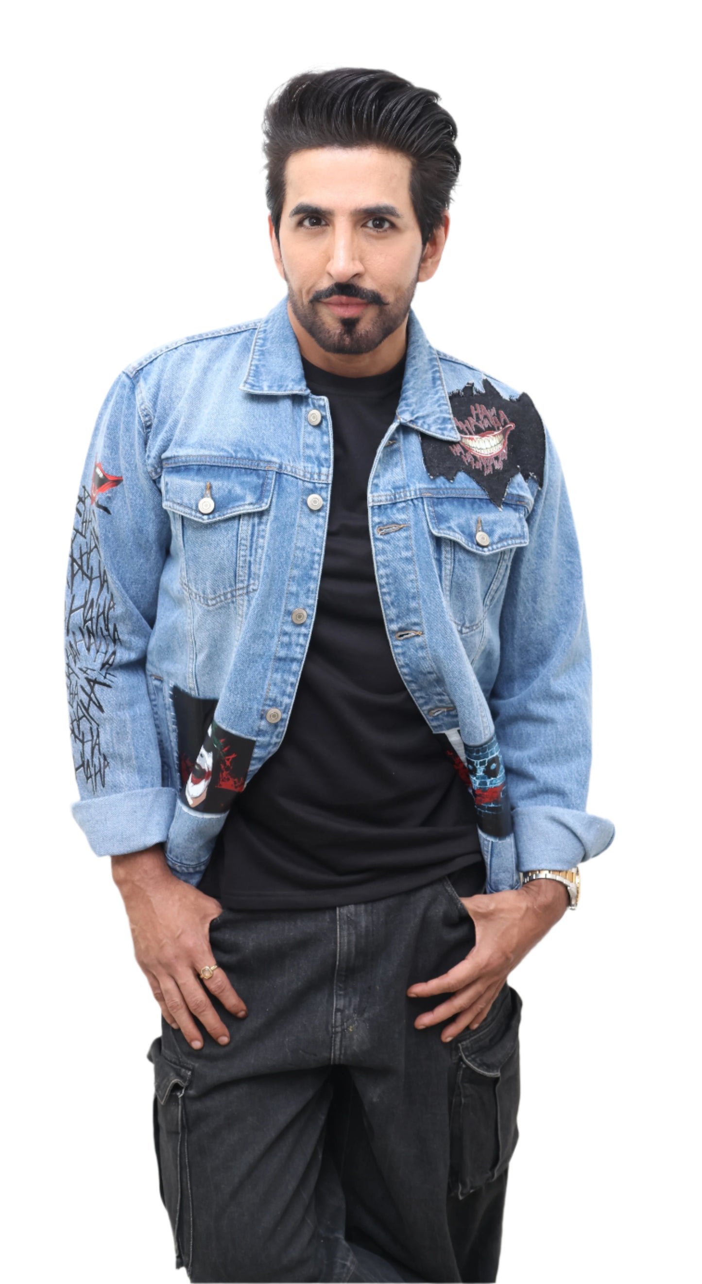 BLUE DENIM JACKET : Exclusively designed Joker themed print.