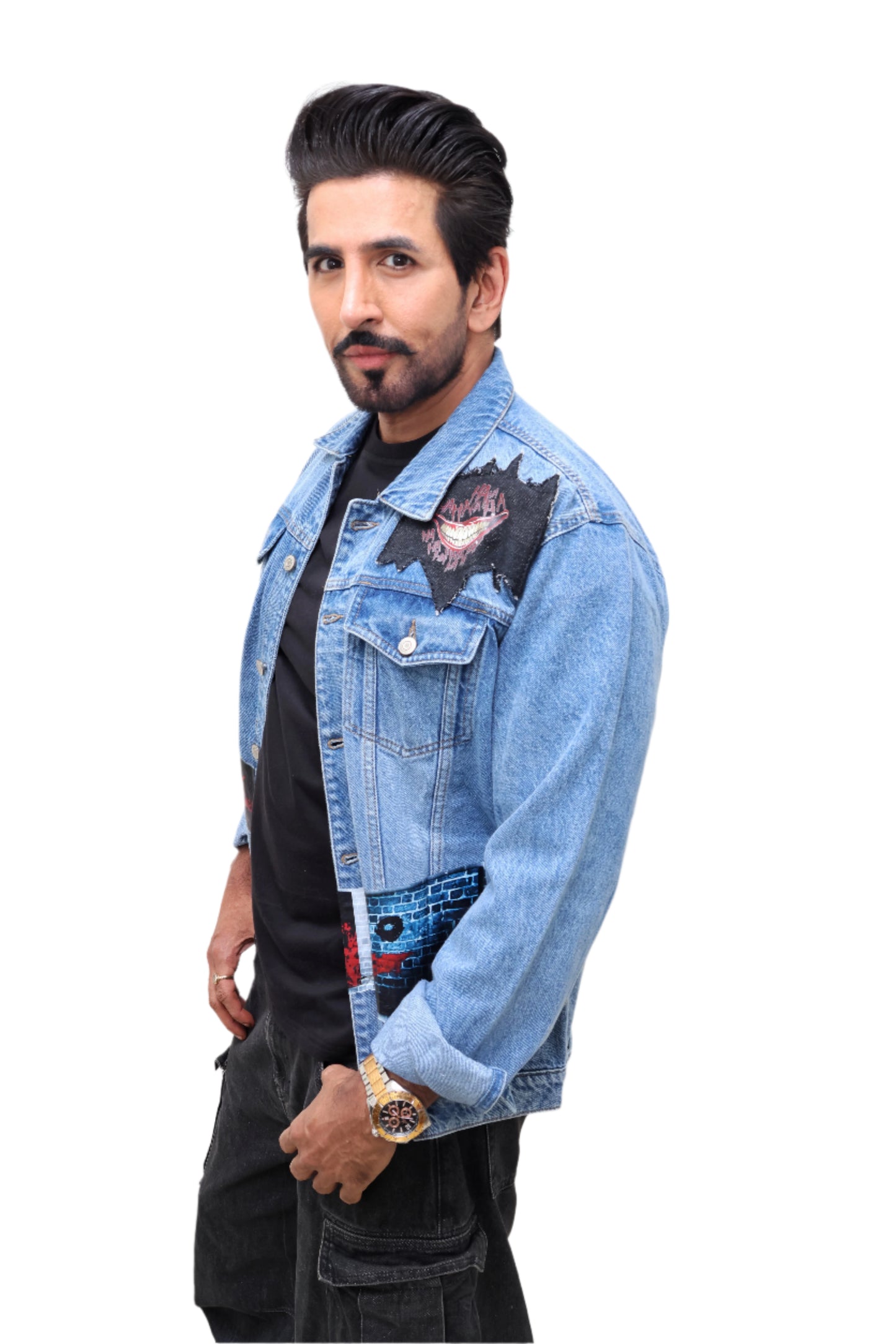 BLUE DENIM JACKET : Exclusively designed Joker themed print.