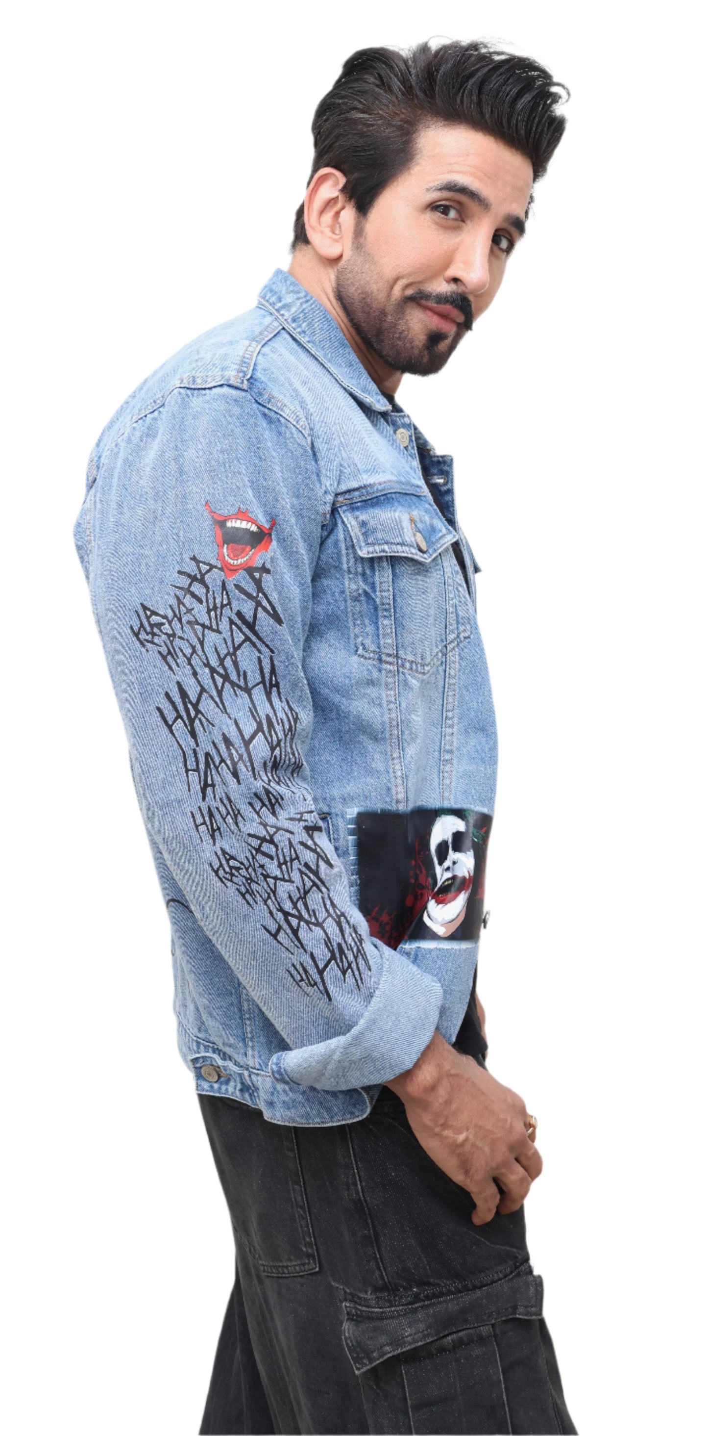BLUE DENIM JACKET : Exclusively designed Joker themed print.