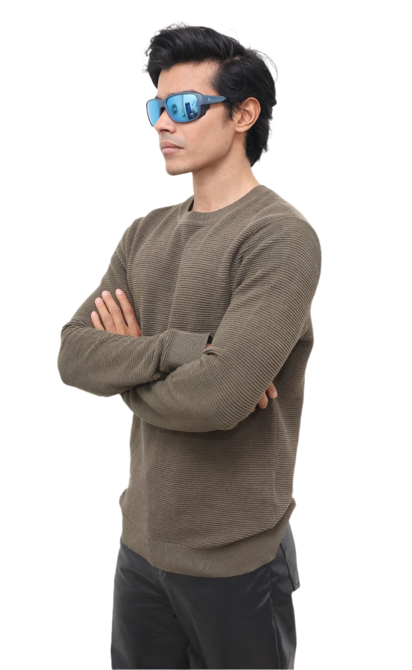 ARMY GREEN COLOR WAFFLE - Texture round neck full sleeves T-Shirt