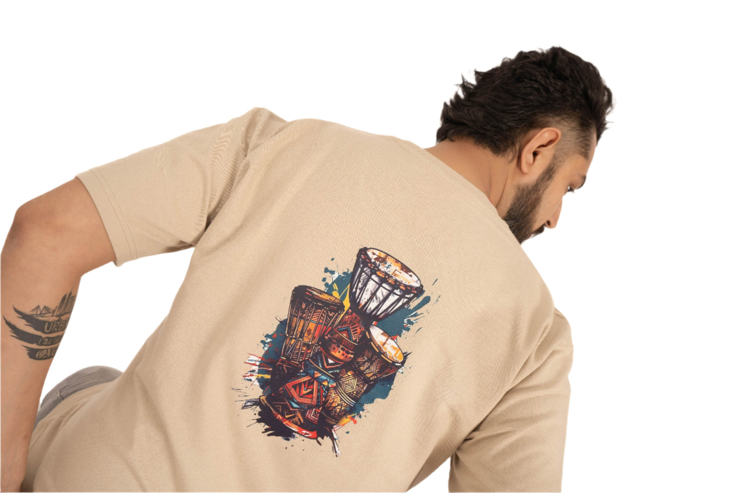 BEIGE OVERSIZED T-SHIRT Urban Aghori - Lord Shiva Tribal Drums