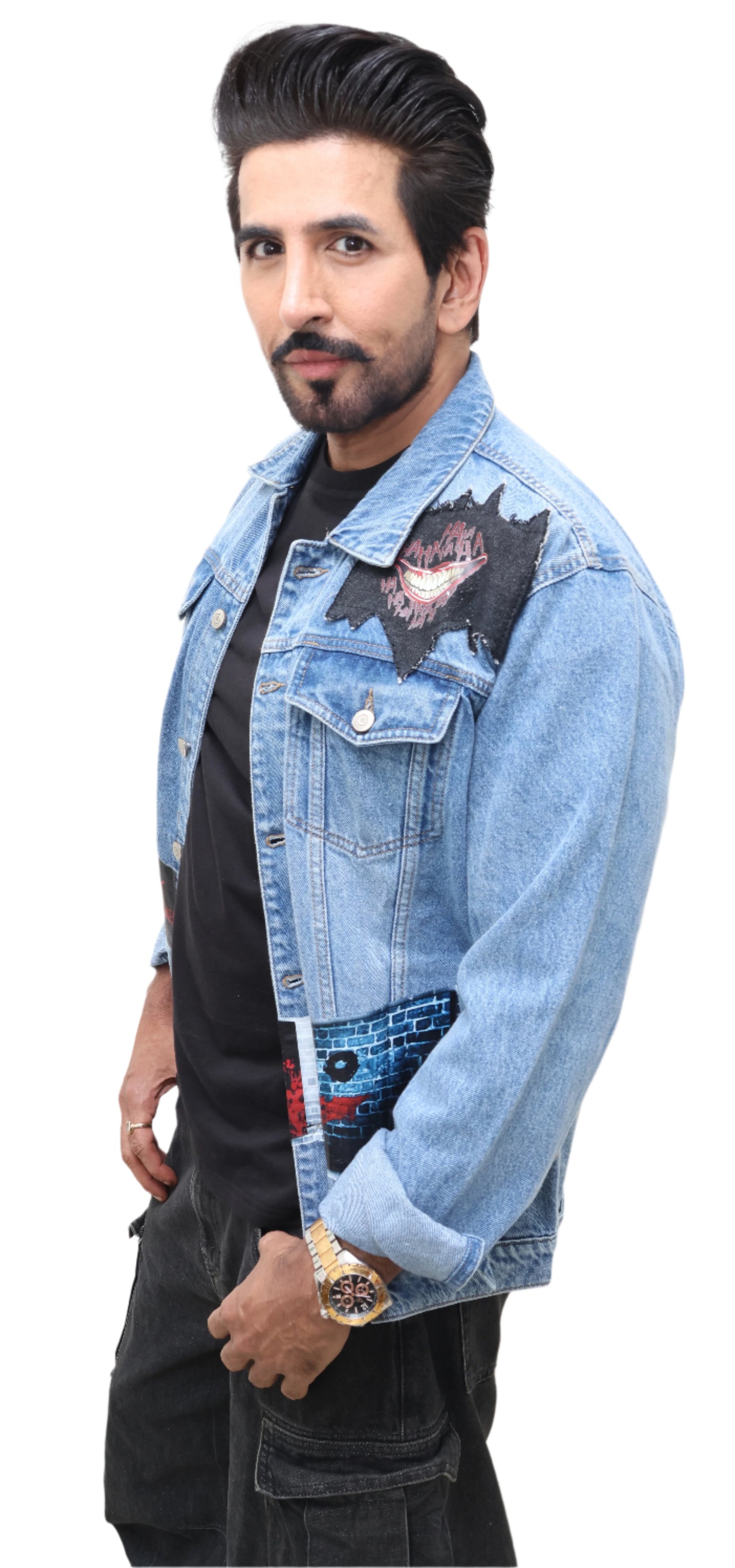 BLUE DENIM JACKET :  Exclusively designed Joker themed print.