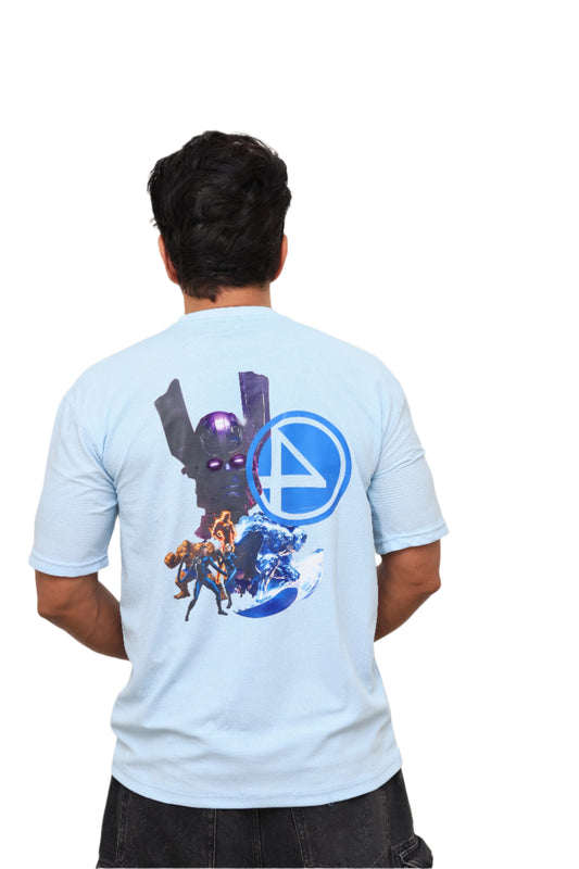 AQUA BLUE T-SHIRT: Fantastic Four with Glactus Print