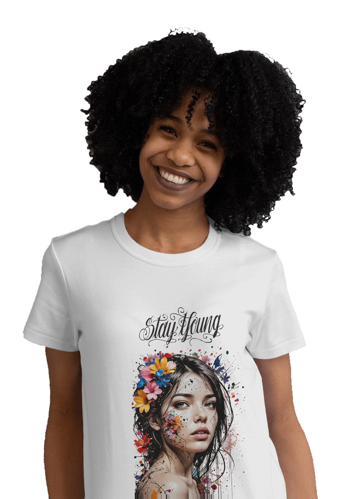 WHITE WOMEN T-SHIRT Lady With Flower Print