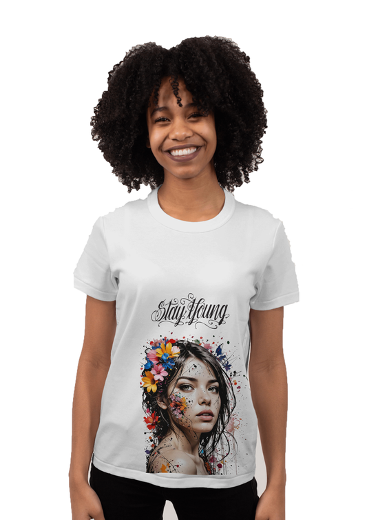 WHITE WOMEN T-SHIRT Lady With Flower Print