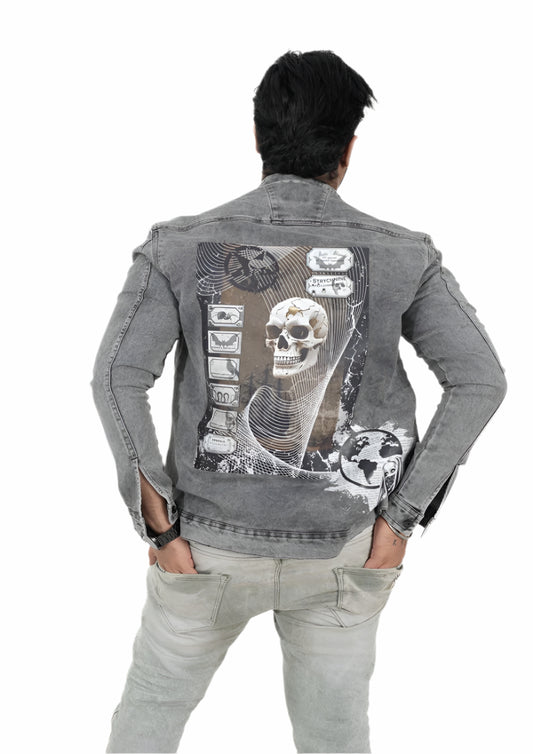 GREY DENIM JACKET Gold Skull Design